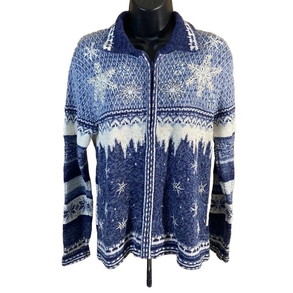 Vintage Tiara International Winter Theme Snowflakes Full Zip Sweater Size S - Picture 1 of 16